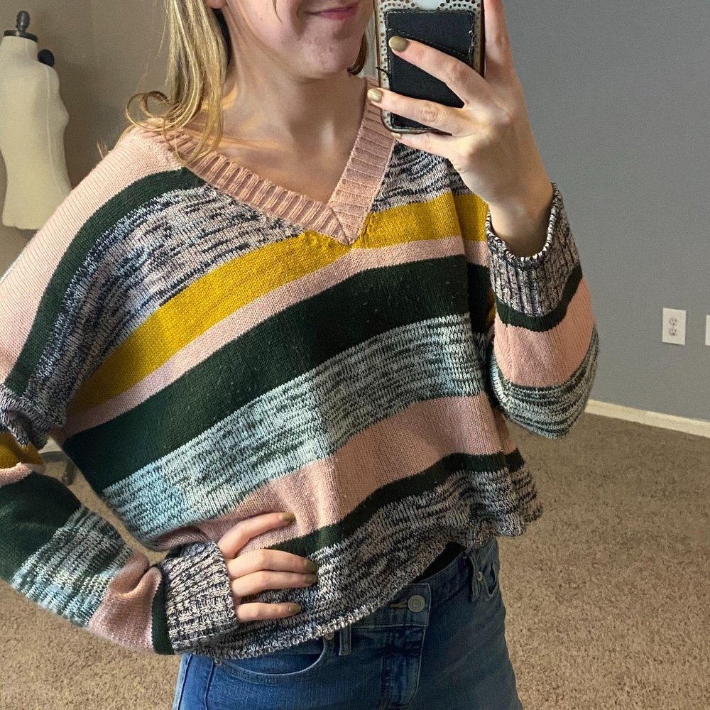 En Creme Oversized Striped Sweater V Neck Small 3/